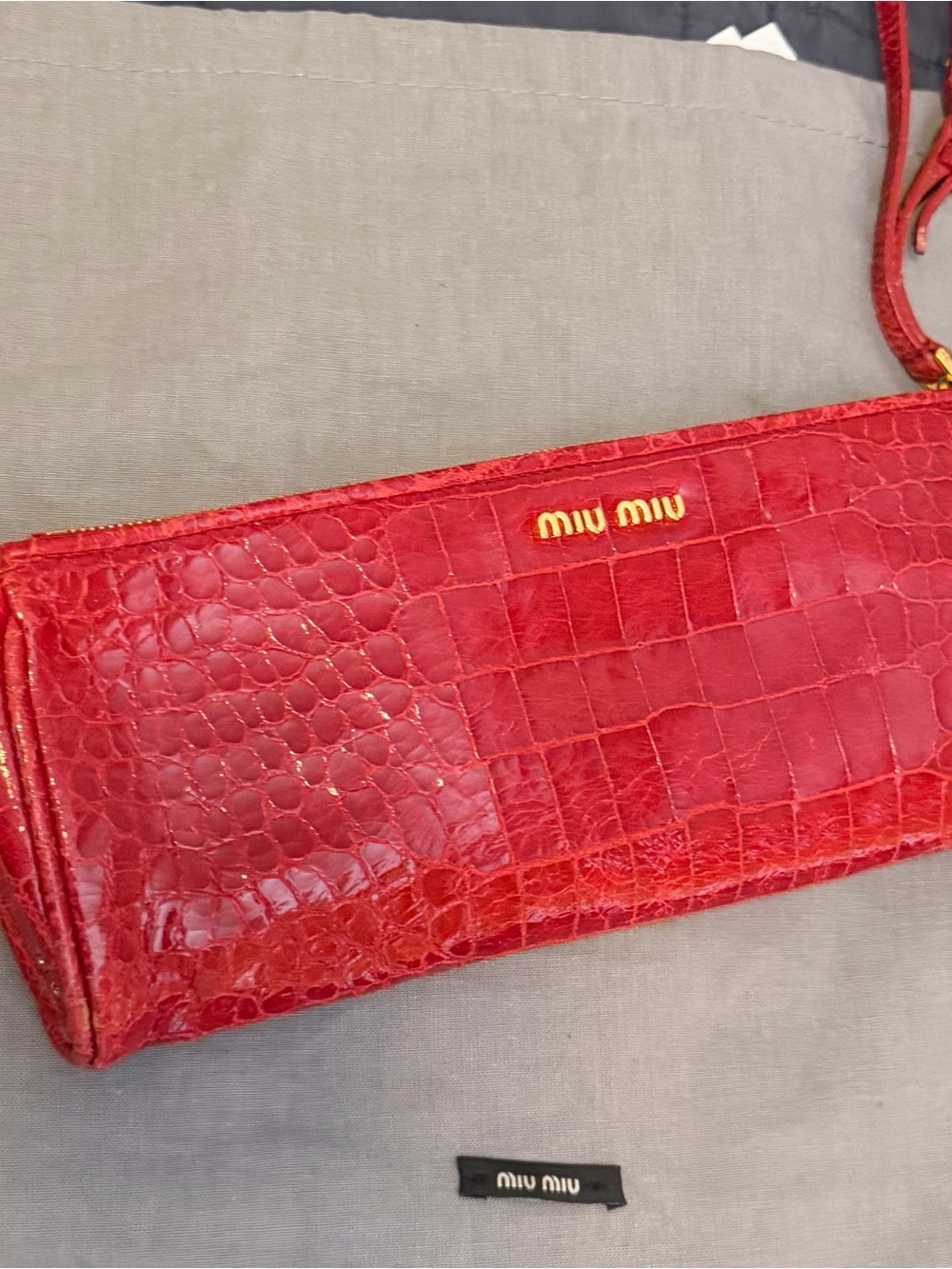 Miu Miu Red Croc-Embossed Wristlet Clutch with Gold Logo